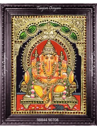 Vinayagar Peacock Arch Tanjore painting seated Ganesha green peacock feather arch gold foil artwork